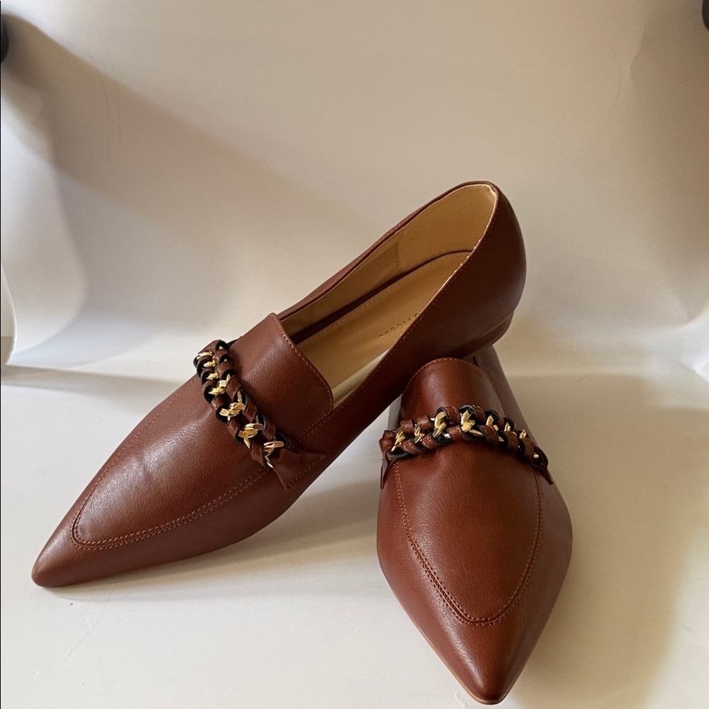 Elegant Brown Leather Loafers with Gold Accent Chain Across Front - Picture 2 of 6